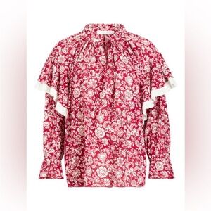 See by Chloe Graphic Peonies Floral Top Cottagecore Prairie Red Boho Size 40